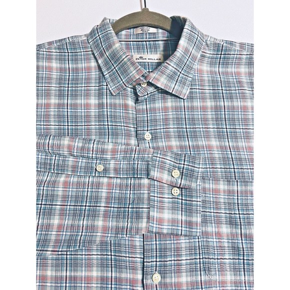 Peter Millar Collection Mens XL Blue Plaid Long Sleeve Button Down Casual Shirt - Picture 2 of 7